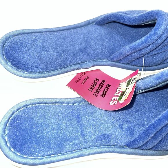 VTG Love Mates Velvety Blue Open Toe Flat 1970s Slip-On House Shoes-Washable-NOS - Picture 3 of 7
